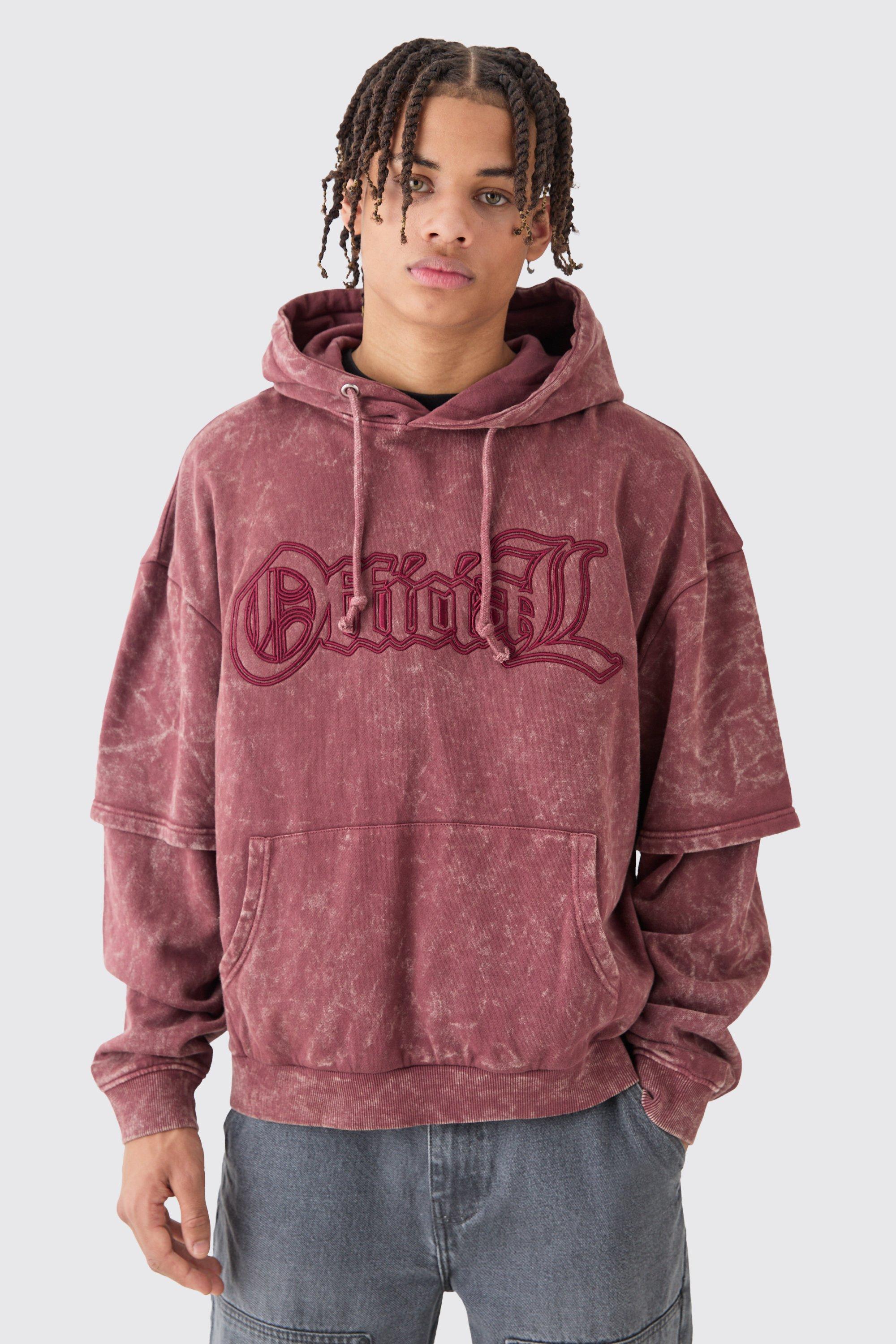 Mens Pink Oversized Boxy Faux Layer Acid Wash Ofcl Embroidered Hoodie, Pink